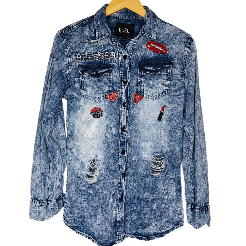 DAZL Thrashed Denim Acid Wash‎ Embroidered Top
